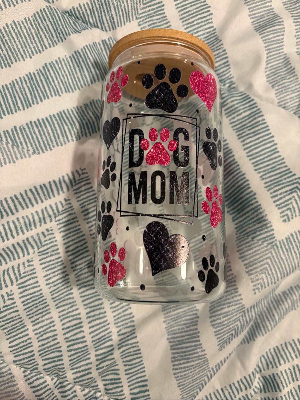 Glitter Paw Print 'DOG MOM' Glass Storage Jar with Wooden Lid